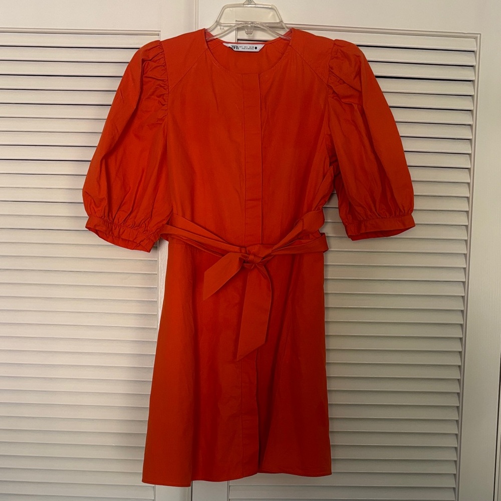 Zara Orange Puff-Sleeve Mini Dress with same fabric belt Tie
